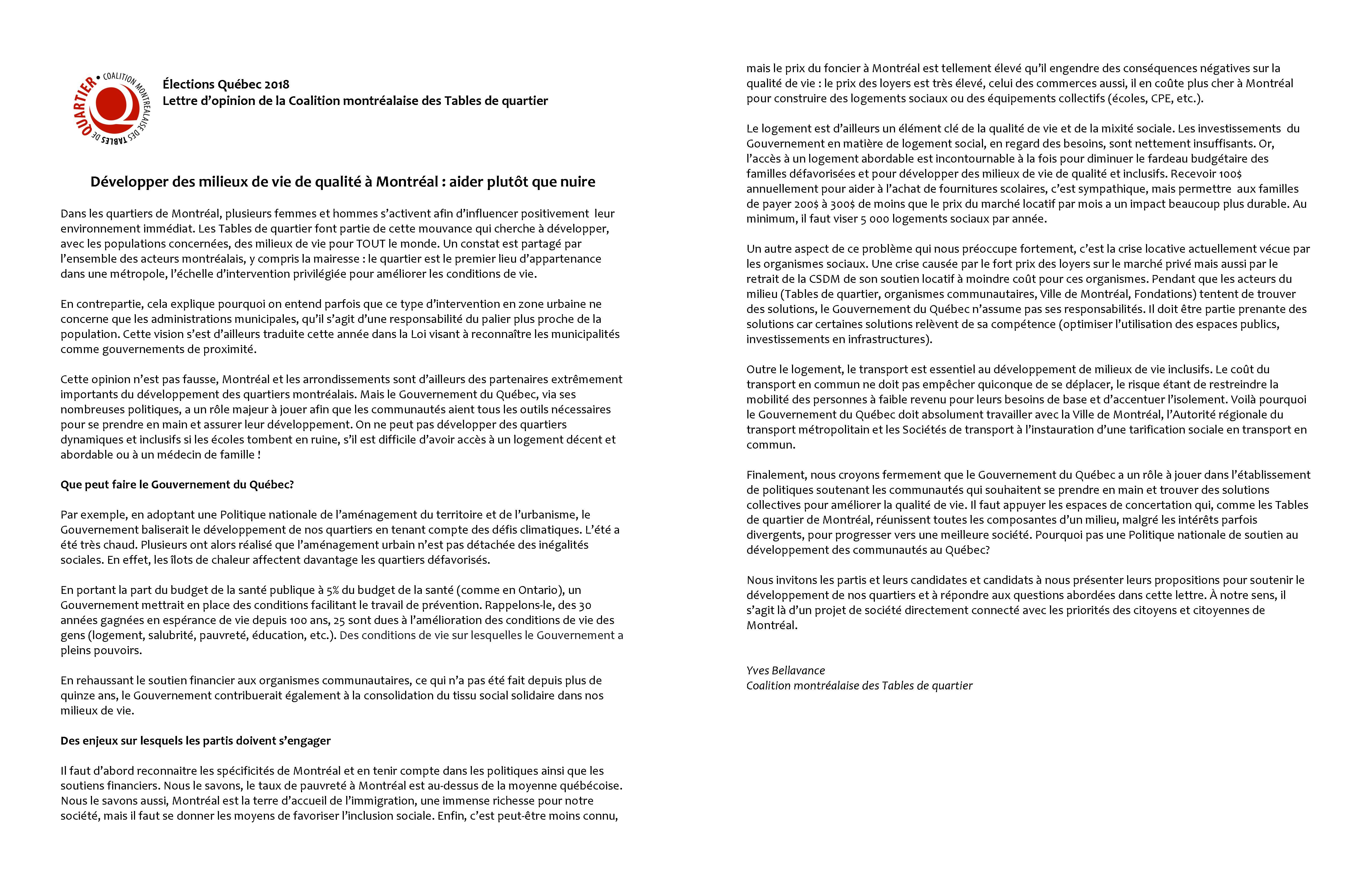 Lettre D Opinion De La Coalition Montrealaise Des Tables De Quartier Mercier Ouest Quartier En Sante